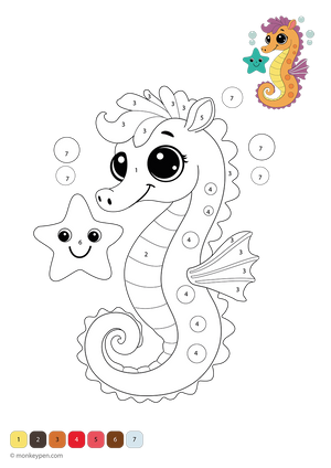 Free downloadable ocean-themed color-by-number worksheet featuring a seahorse, starfish, and coral reef—helps early learners practice number recognition and color matching in a fun, undersea setting.