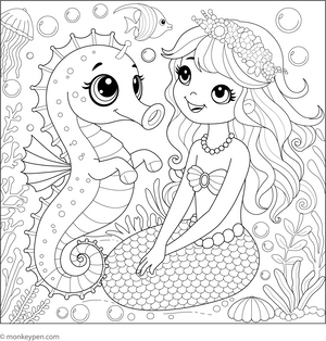 Seahorse and a Mermaid coloring page – free printable for kids to color and enjoy