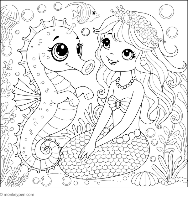 Seahorse and a Mermaid coloring page – free printable for kids to color and enjoy