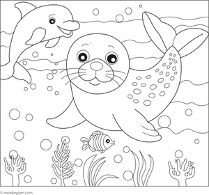 Seal and Dolphin coloring page – free printable for kids to color and enjoy