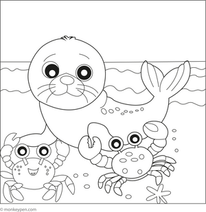 Seal Playing with Crab coloring page – free printable for kids to color and enjoy