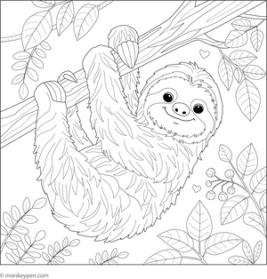 Sloth Hanging from a Tree coloring page – free printable for kids to color and enjoy