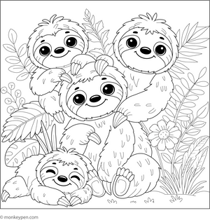 Sloth with Friends coloring page – free printable for kids to color and enjoy