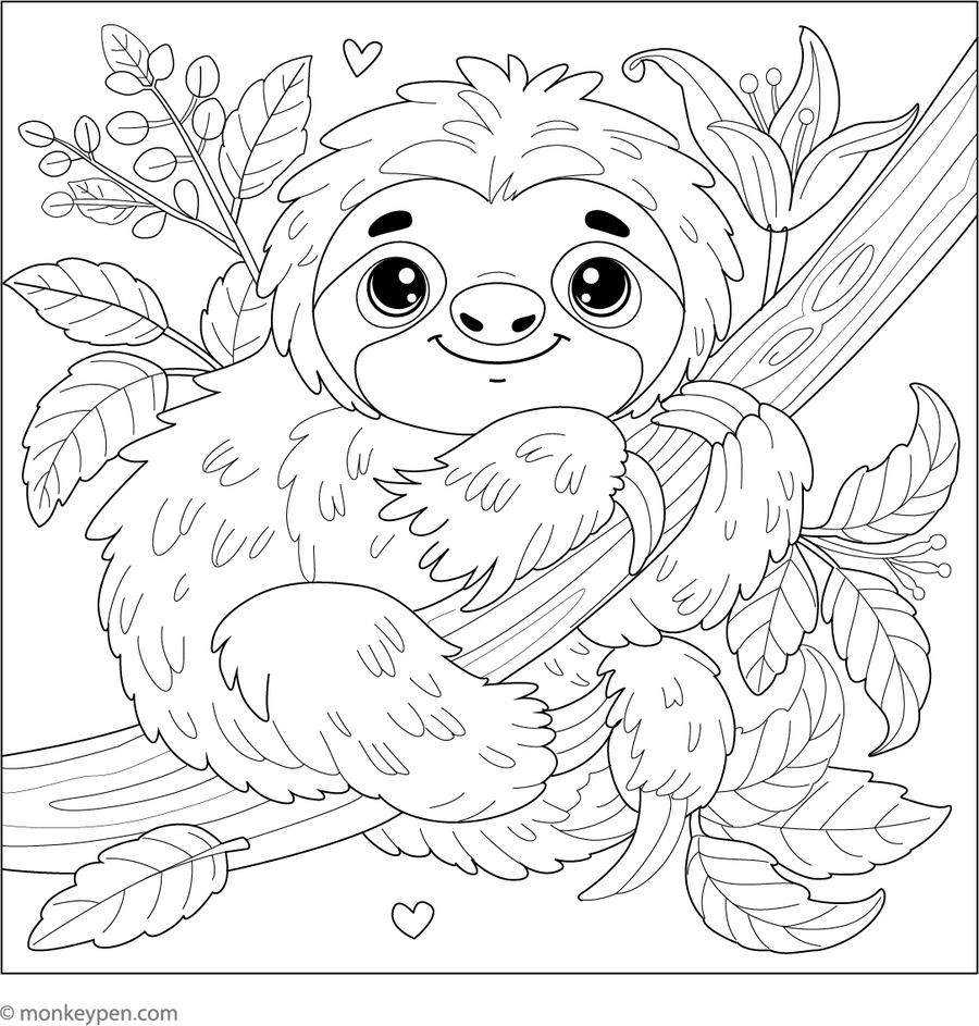 Cute Sloth Coloring Page – Free Printable for Kids