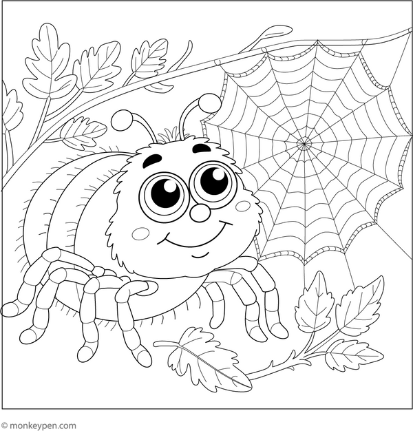 Cartoon Spider on a Web coloring page – free printable for kids to color and enjoy