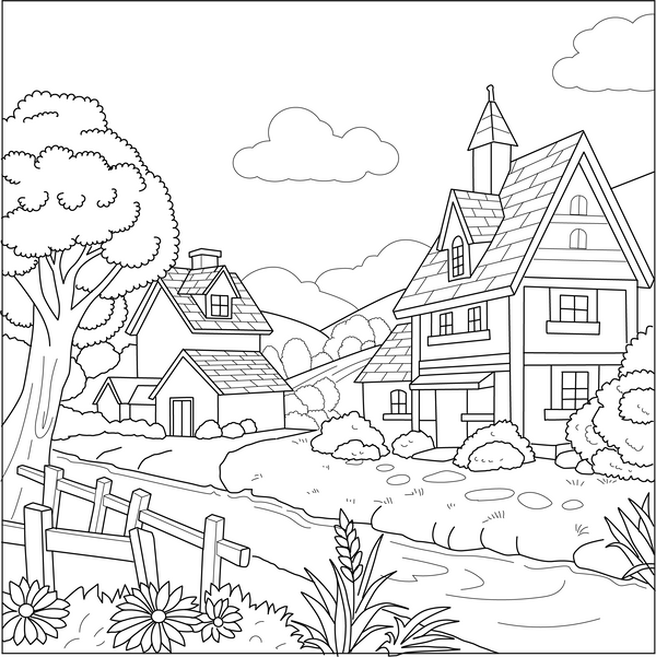 Village Scenery Coloring Page – fun and educational printable for children
