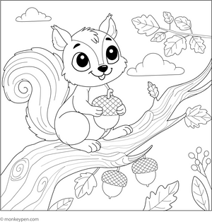 Playful Squirrel on Tree Branch coloring page – free printable for kids to color and enjoy