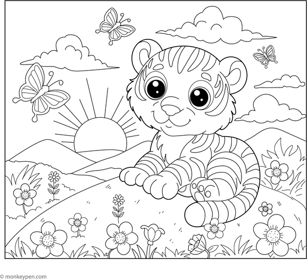 Tiger at Sunset coloring page – free printable for kids to color and enjoy