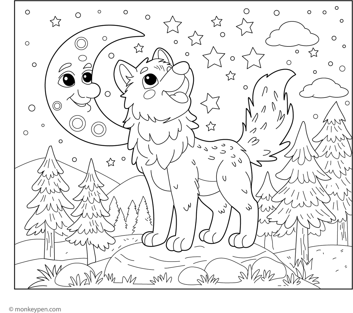 Printable Wolf Howling at the Moon Coloring Page for Kids