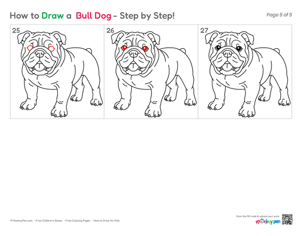 Easy bulldog drawing lesson showing each step from head to tail.