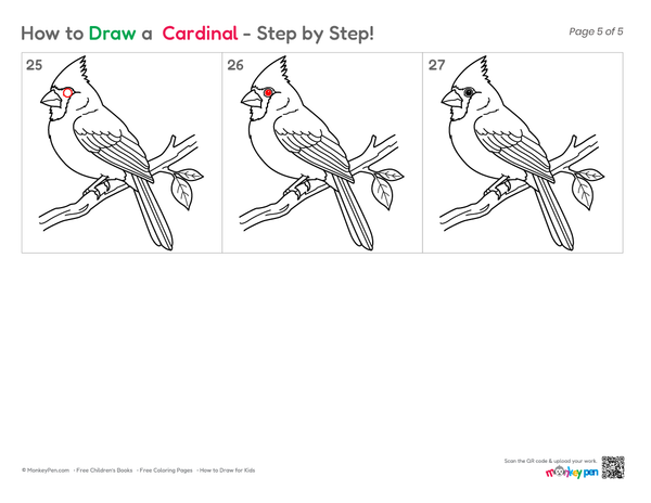 Creative cardinal bird doodle idea for kids art and colouring practice.