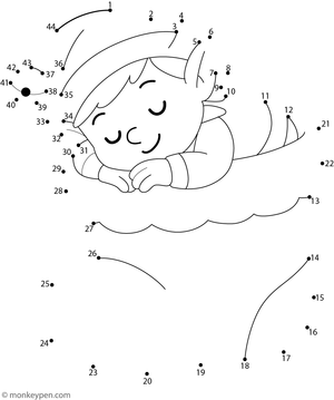 Children’s dot-to-dot worksheet depicting a cheerful elf with a hat, ready for coloring.