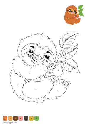 Free downloadable sloth color-by-number worksheet showing a peaceful sloth with numbered sections on its fur, arms, and face—a relaxing, educational coloring activity for kids learning numbers through animal-themed fun.