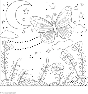 Butterfly Among Moon And Stars Coloring Page – fun and educational printable for children