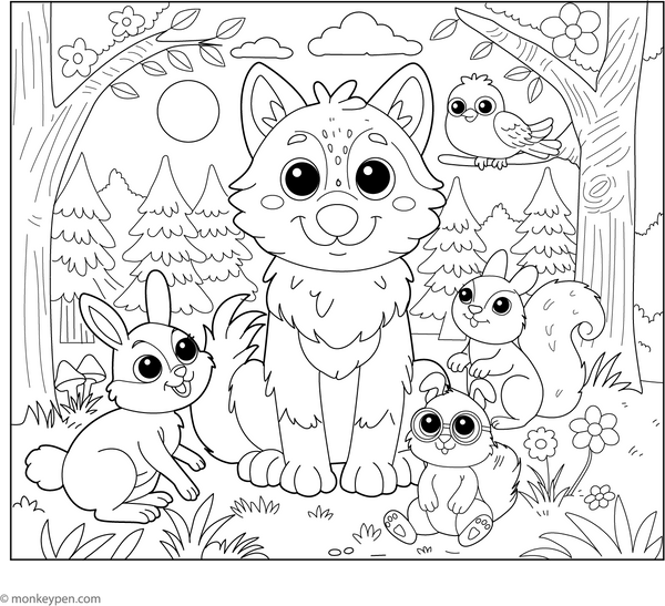 Friendly Wolf and Forest Friends coloring page – free printable for kids to color and enjoy