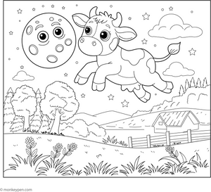 Cow Jumping over the Moon coloring page – free printable for kids to color and enjoy
