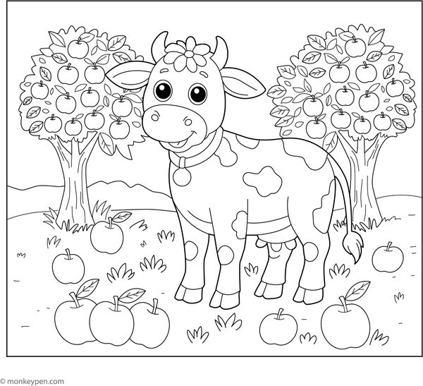 Cow in an Apple Orchard coloring page – free printable for kids to color and enjoy
