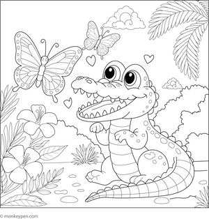 Crocodile and a Butterfly coloring page – free printable for kids to color and enjoy