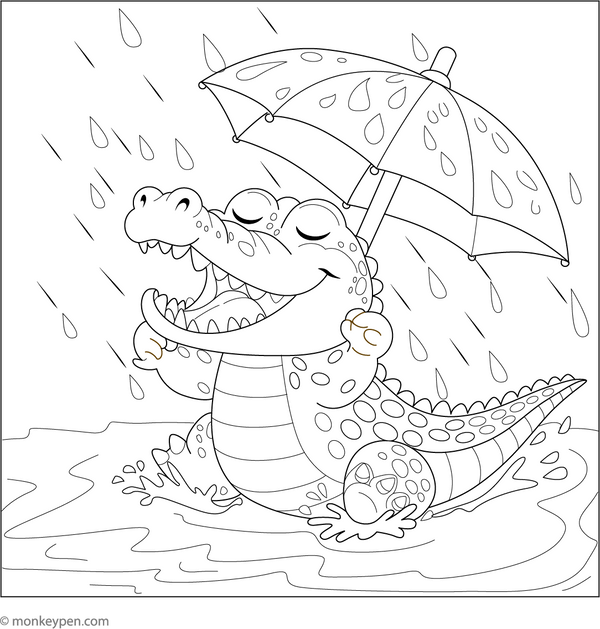 Crocodile Playing in the Rain coloring page – free printable for kids to color and enjoy