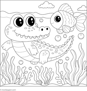 Crocodile and a Fish coloring page – free printable for kids to color and enjoy