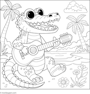 Crocodile Playing a Guitar coloring page – free printable for kids to color and enjoy