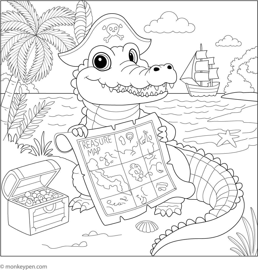 Crocodile with Treasure Map – Free Printable Coloring Page