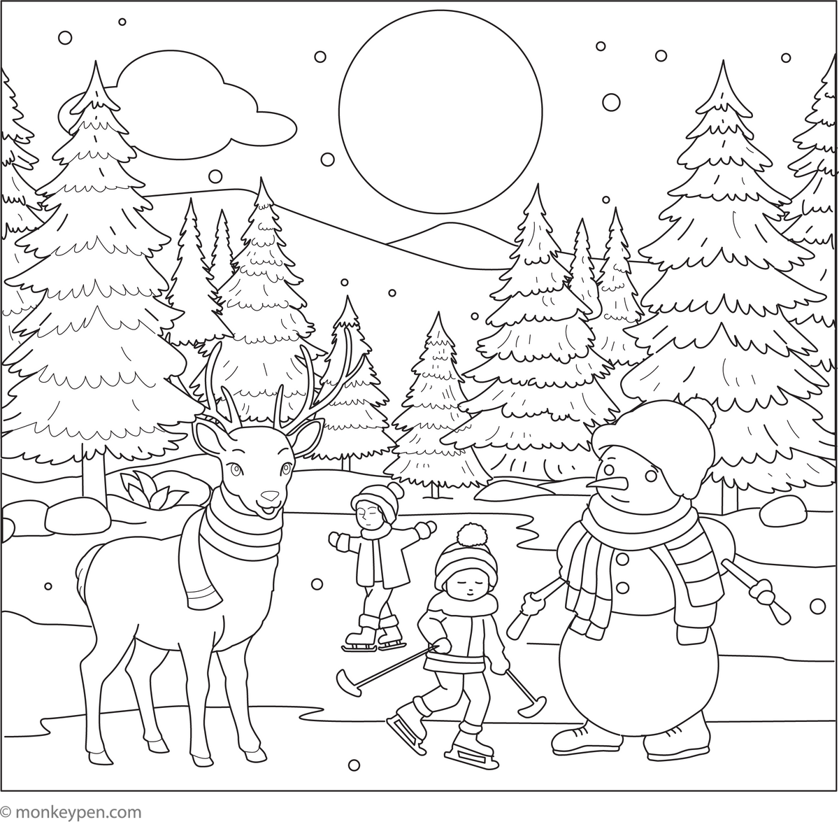 Free Printable Winter Scene Coloring Page for Kids