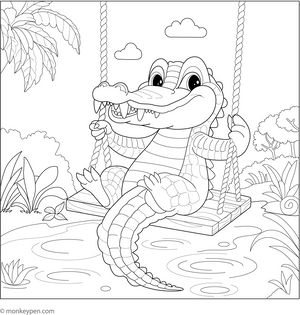 Crocodile on a Swing coloring page – free printable for kids to color and enjoy