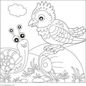 Cuckoo and a Snail coloring page – free printable for kids to color and enjoy