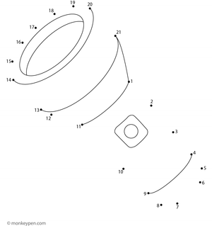 Children’s dot-to-dot worksheet showing a cartoon flashlight with a light beam, for connecting and coloring