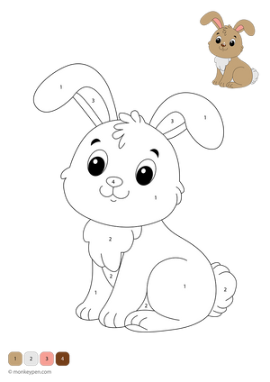 Free downloadable color-by-number worksheet featuring a cute rabbit with numbered sections on its ears, fur, and cheerful face—ideal for young kids to practice number skills while enjoying a fun, bunny-themed coloring activity.