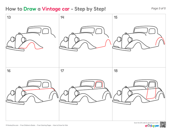 Fun vintage car cartoon drawing for young artists.
