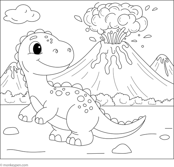 Dinosaur and Volcano Eruption Coloring Page