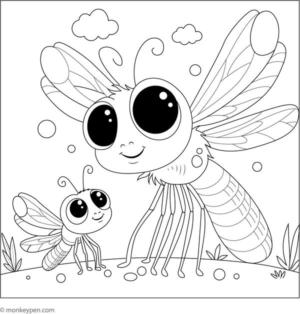 Baby Dragonfly and Mama Dragonfly coloring page – free printable for kids to color and enjoy