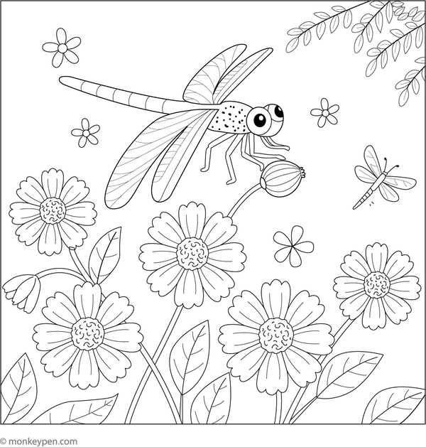 Dragonfly and Flowers coloring page – free printable for kids to color and enjoy