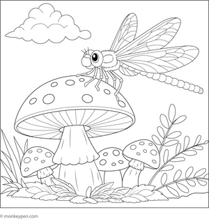 Dragonfly Landing on a Mushroom coloring page – free printable for kids to color and enjoy