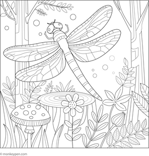 Dragonfly in a Rainforest coloring page – free printable for kids to color and enjoy