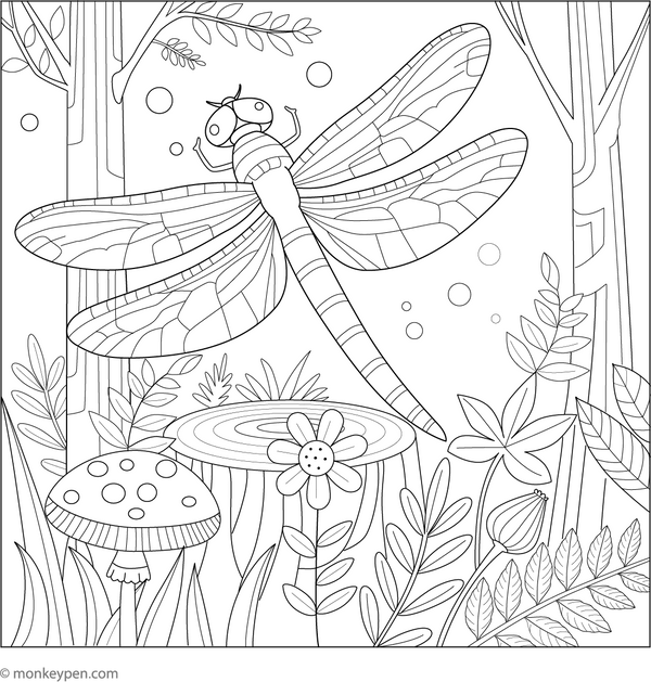 Dragonfly in a Rainforest coloring page – free printable for kids to color and enjoy