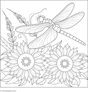 Dragonfly with Sunflowers coloring page – free printable for kids to color and enjoy