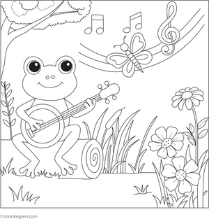 Frog Playing a Banjo coloring page – free printable for kids to color and enjoy