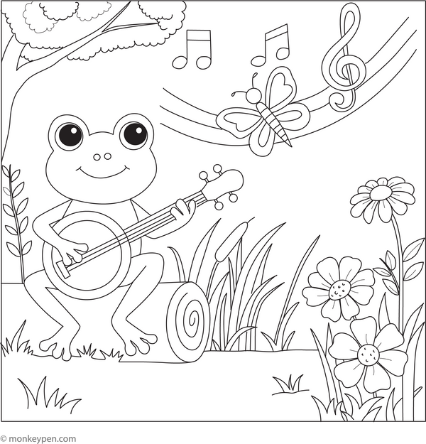 Frog Playing a Banjo coloring page – free printable for kids to color and enjoy