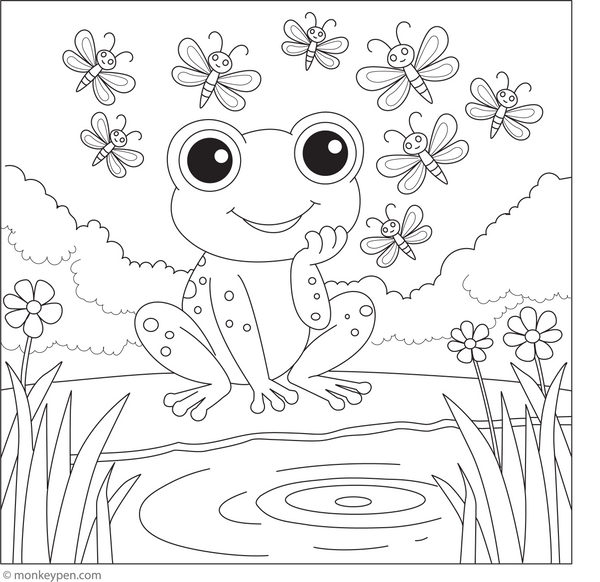 Frog and a Group of Fireflies coloring page – free printable for kids to color and enjoy
