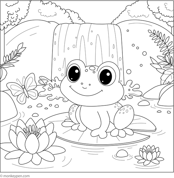 Frog and a Waterfall coloring page – free printable for kids to color and enjoy