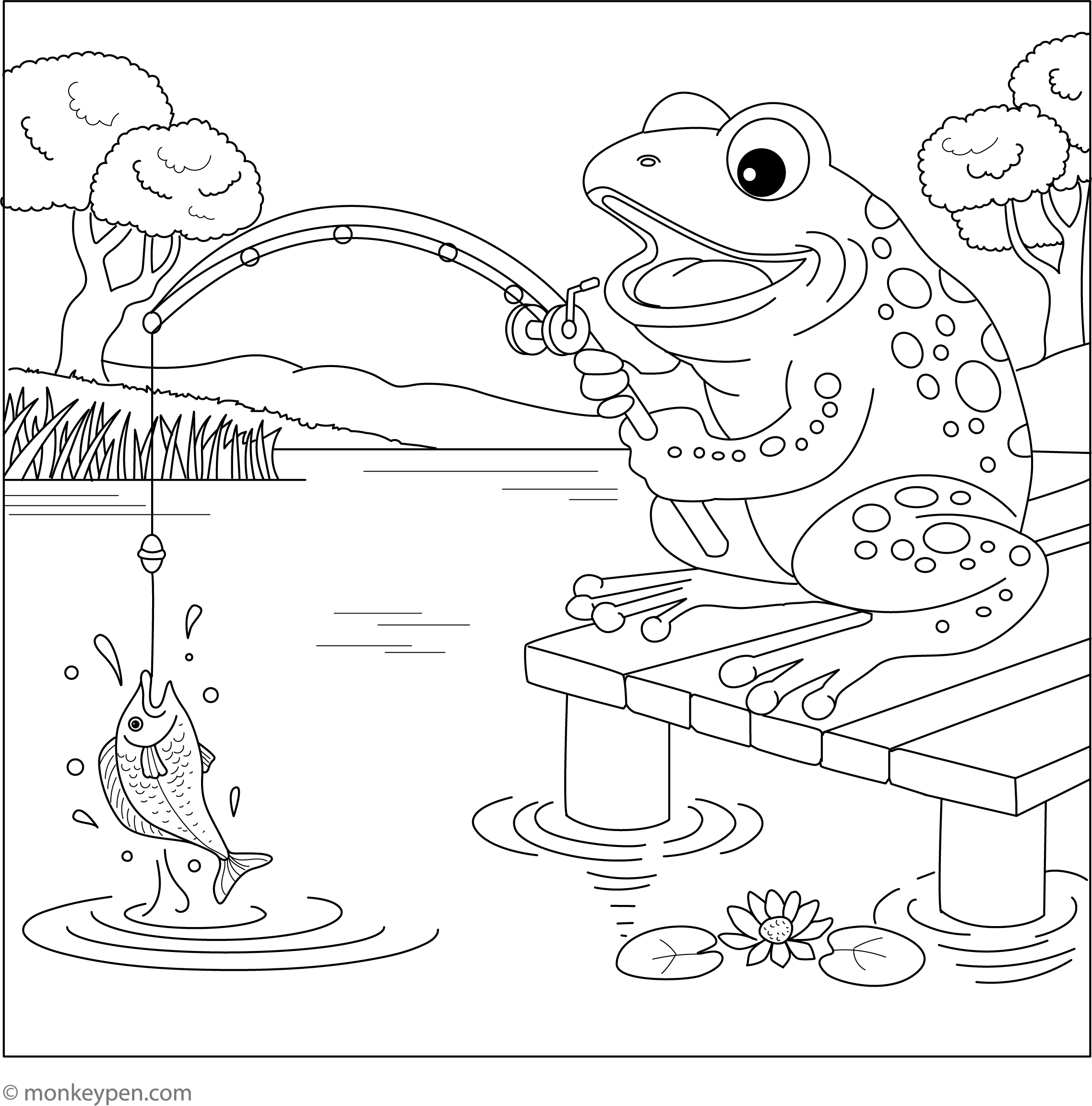 coloring pages fishing pole Frog and Fishing Rod – Free Printable Coloring Page