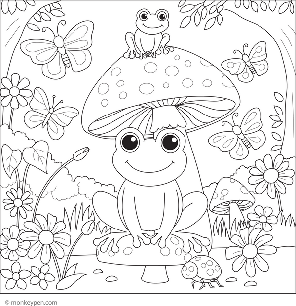 Frog Under a Mushroom Umbrella coloring page – free printable for kids to color and enjoy