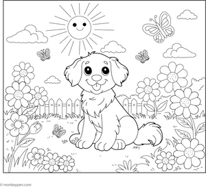 Golden Retriever in a Flower Garden coloring page – free printable for kids to color and enjoy