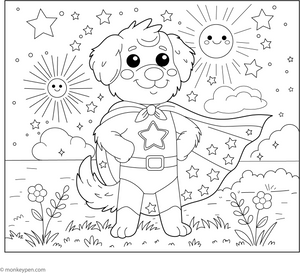 Golden Retriever as a Superhero coloring page – free printable for kids to color and enjoy