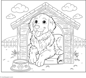 Golden Retriever in a Doghouse coloring page – free printable for kids to color and enjoy