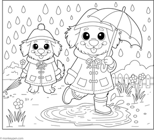 Golden Retriever in a Raincoat coloring page – free printable for kids to color and enjoy