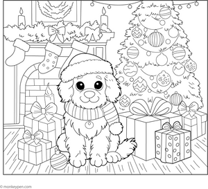 Golden Retriever with a Santa Hat coloring page – free printable for kids to color and enjoy